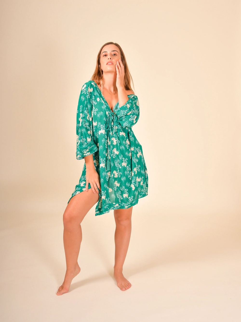 NWT Mira Boutique Mamey Beachwear Daphne Floral Tunic Women's S Green Vacation